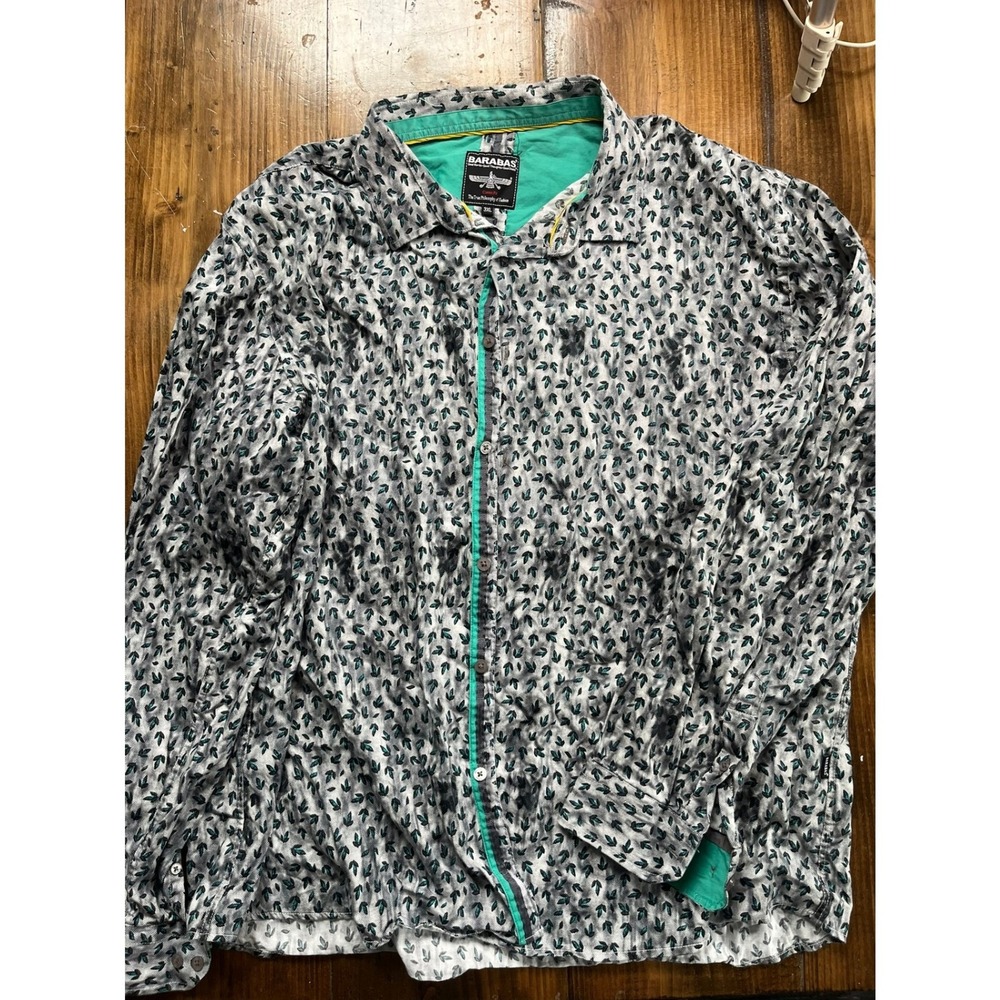 Barabas Classic Fit Leaf Print Button Down Shirt Teal‎ White Grey 3XL